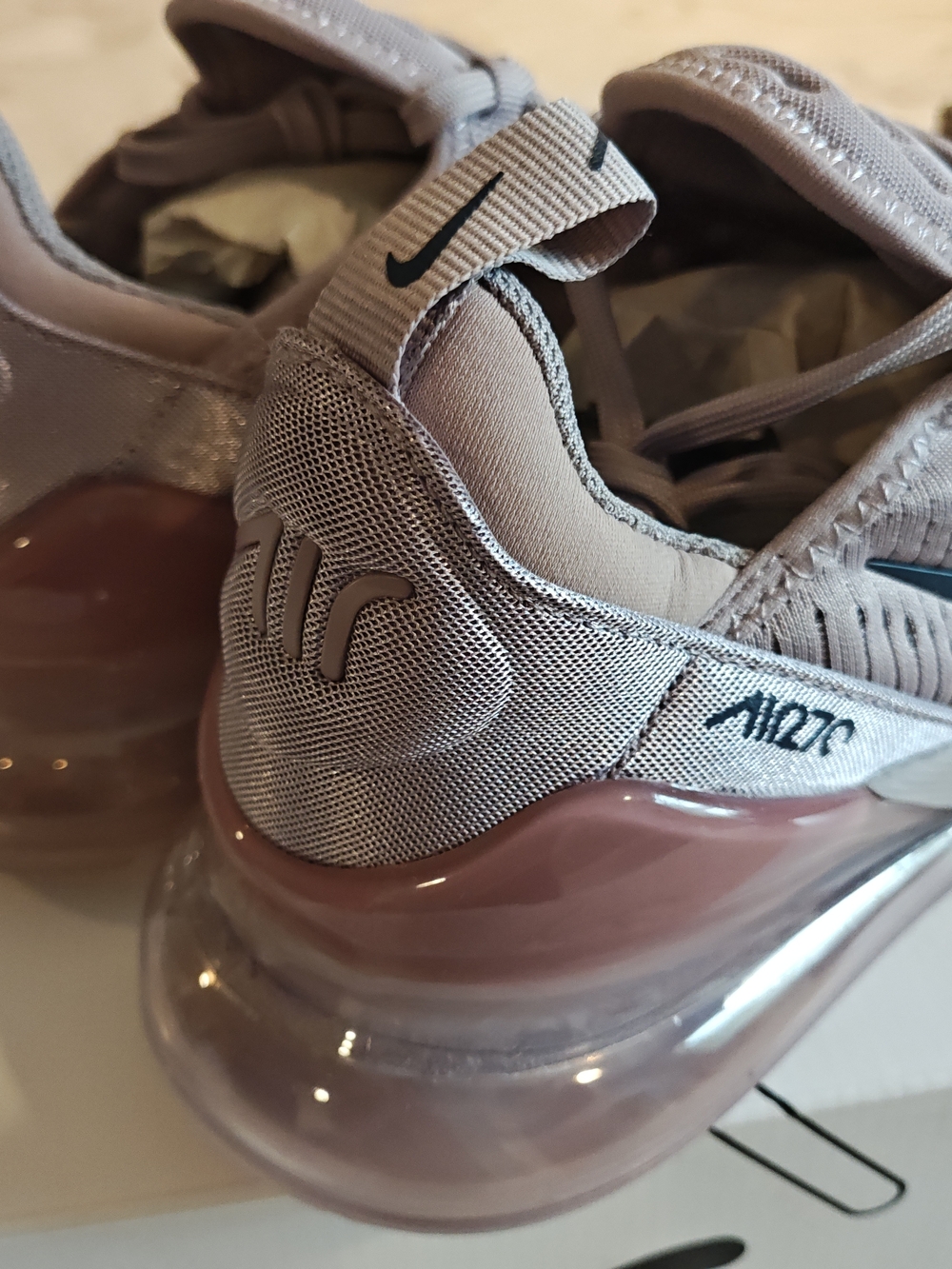 Nike Women’s Air Max 270 Sneakers in Light Taupe with Dark Taupe Swoosh - Picture 3 of 5